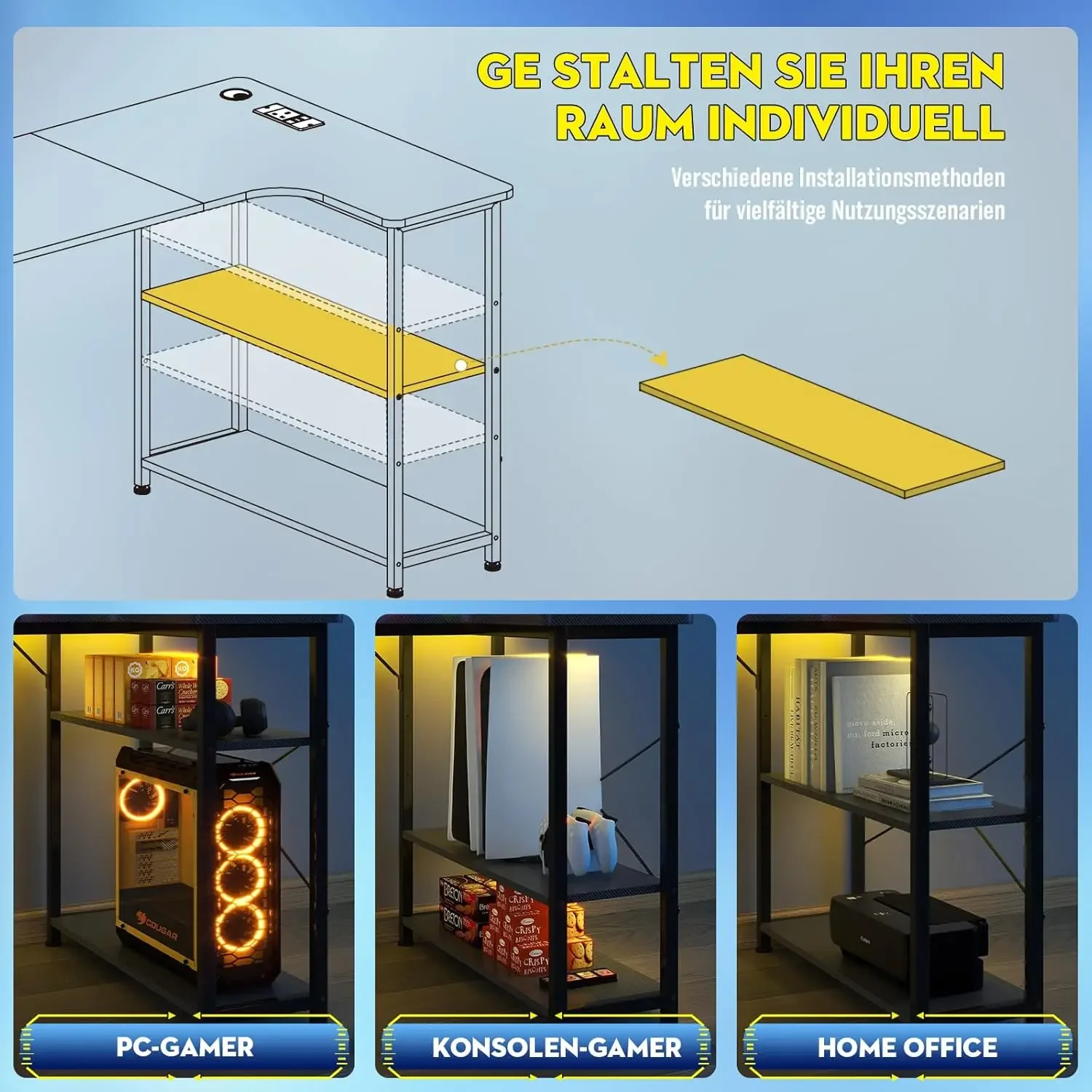 COMHOMA tavolo da gioco con ripiano, scrivania ad angolo con presa e porta di ricarica USB, scrivania per computer da 120 cm a forma di L, tavolo per PC per ufficio, ufficio domestico