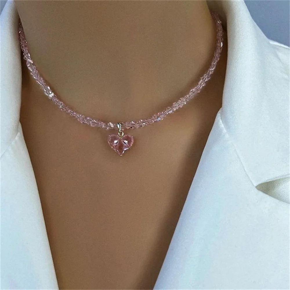 Collar con colgante de corazón de circón y borlas Vintage para mujer, joyería de cadena de cristal transparente barroco geométrico bohemio