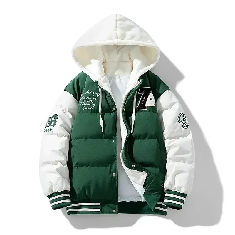 Nuevos abrigos de algodón para hombre, moda de invierno, abrigo de algodón grueso con capucha, chaqueta con estampado bordado holgado y cálido de dos piezas falso