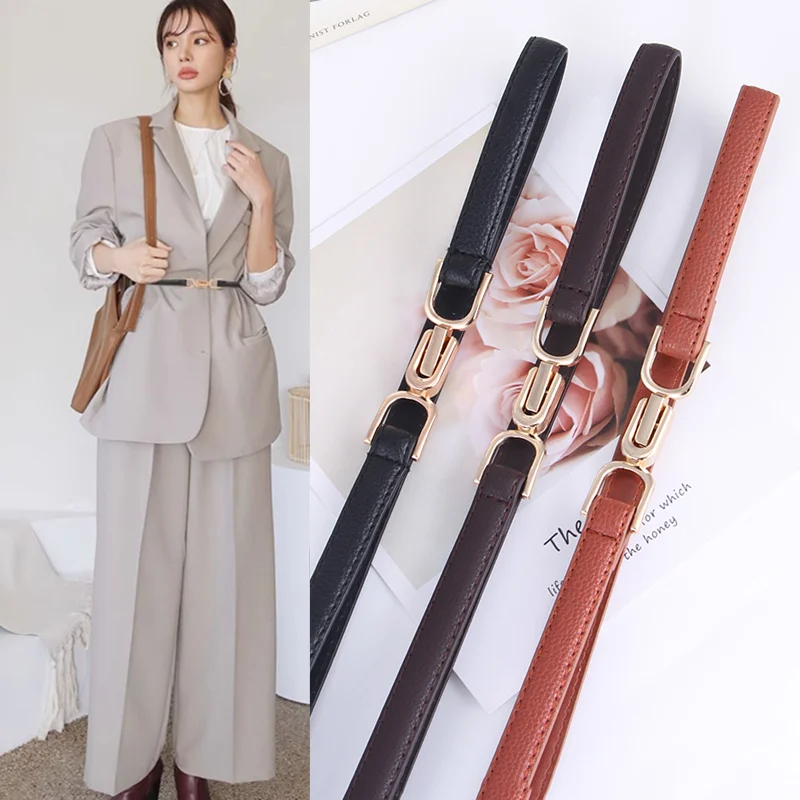 Cinto skinny de couro feminino, moda simples, para vestido, ajustável, cintura fina, cinto com fivela dourada vintage, couro falso