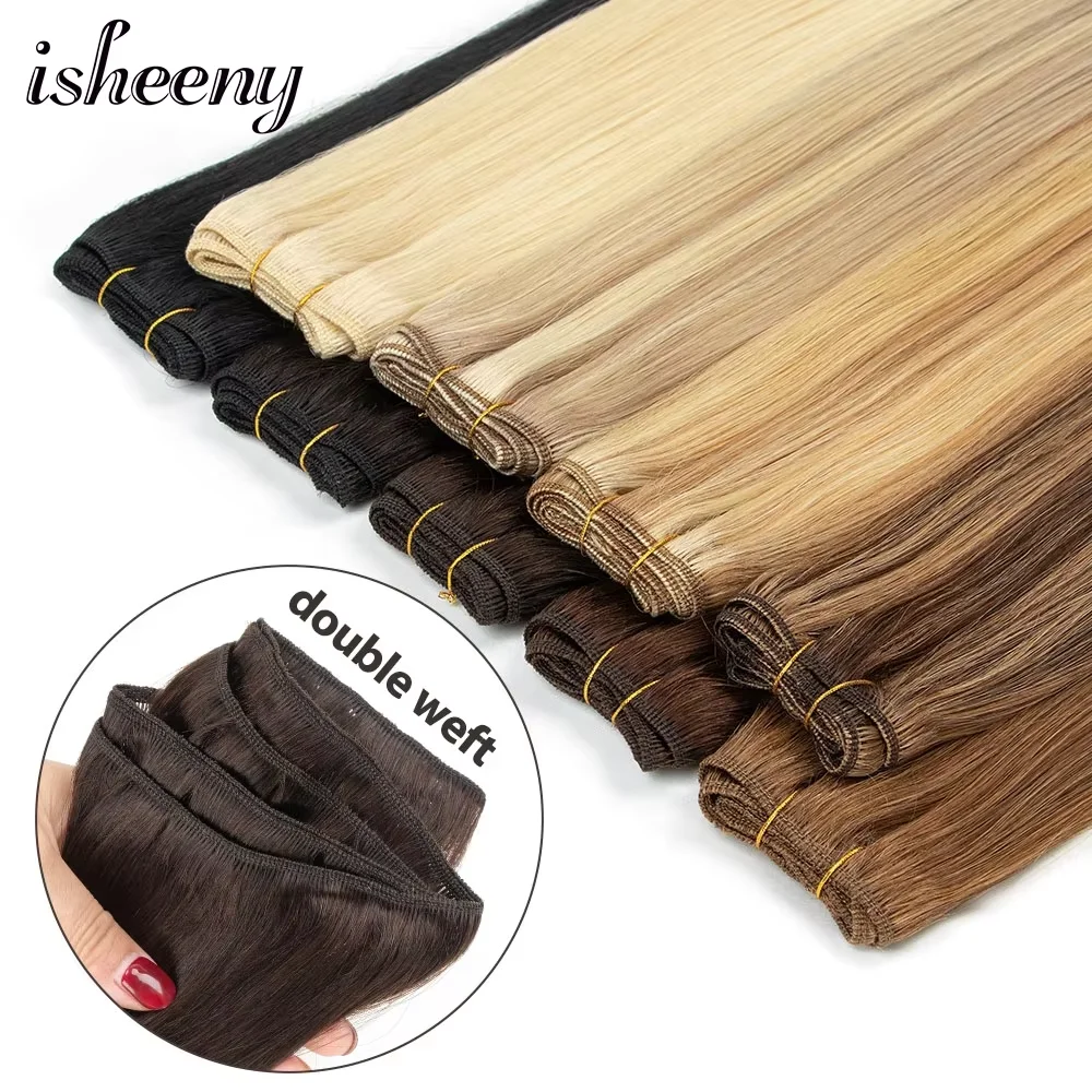 Extensiones de cabello humano liso, mechones de cabello humano Remy brasileño, cosido en extensiones de trama, Rubio liso, 50g, 12 "-24"