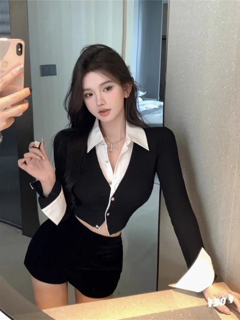 セクシーなショートセクシーなシャツ偽ツーピースシャツ通勤スタイルスリムフィットポリエステル繊維長袖ポロカラー Tシャツ若い女性のための