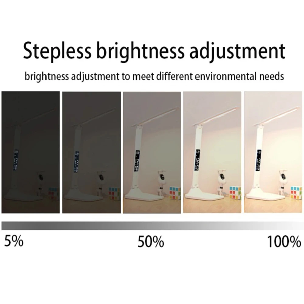 Klapptischlampe, USB-Lesung, Touch, dimmbar, Augenschutz mit Wecker, Thermometer, LED-Schreibtischlampe, USB-Aufladung, Nachtlicht