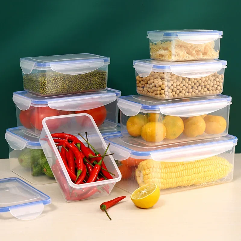 Verzegelde rechthoekige koelkastopbergdoos met deksel Kunststof crisper magnetronverwarmde lunchbox met deksel