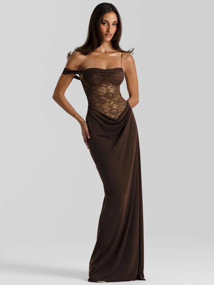 Mozision One Shoulder Lace See Through Sexy Maxi Dress Women Gown Fashion Off-shoulder Sleeveless Backless Club Long Dresses