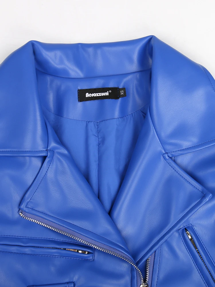 Nerazzurri Frühling Herbst Blau Kühlen Kurze Weiche Faux Leder Biker Jacke Frauen Langarm Gürtel Hohe Qualität Kleidung Mode