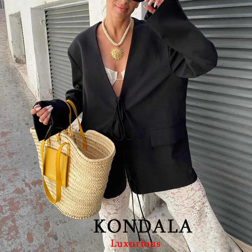 KONDALA Casualowa, obszerna czarna marynarka damska z dekoltem w serek, wiązana na kokardę, z kieszeniami, luźne kurtki, moda 2025, streetwear, odzież wierzchnia damska