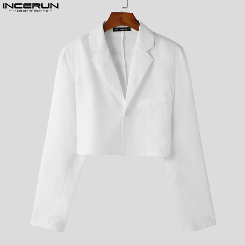 INCERUN-Chaqueta para hombre, ropa de calle de manga larga con solapa de Color sólido, trajes informales con un botón, abrigos cortos de moda para otoño 2023, S-5XL