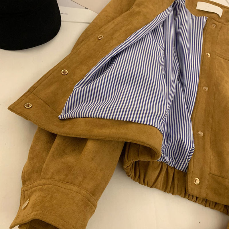 Wildleder kurze Jacke Frauen koreanische Kamel Mode Langarm Flug anzug Harajuku einreihige lose Tops weibliche Vintage-Mäntel