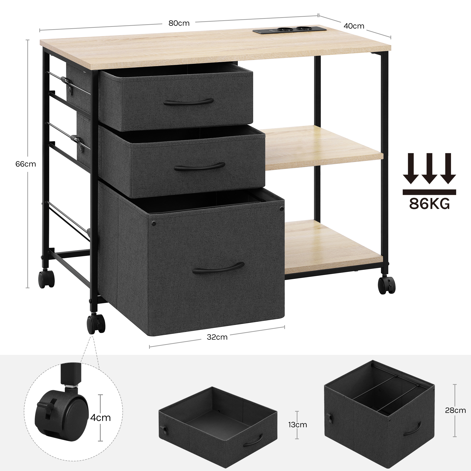 WOLTU Büro-Aktenschrank, Aktenschrank mit Ladestation, rollender Druckerständer mit Schubladen, Ordnerschrank für Wohnzimmer