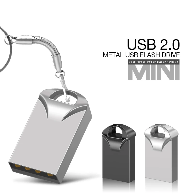 Mini Metal USB Flash Drive, Pen Drive, Cartão de memória Flash, USB Stick Pendrive, USB 2.0, 8GB, 16GB, 32GB, 64GB, 128GB, 256GB