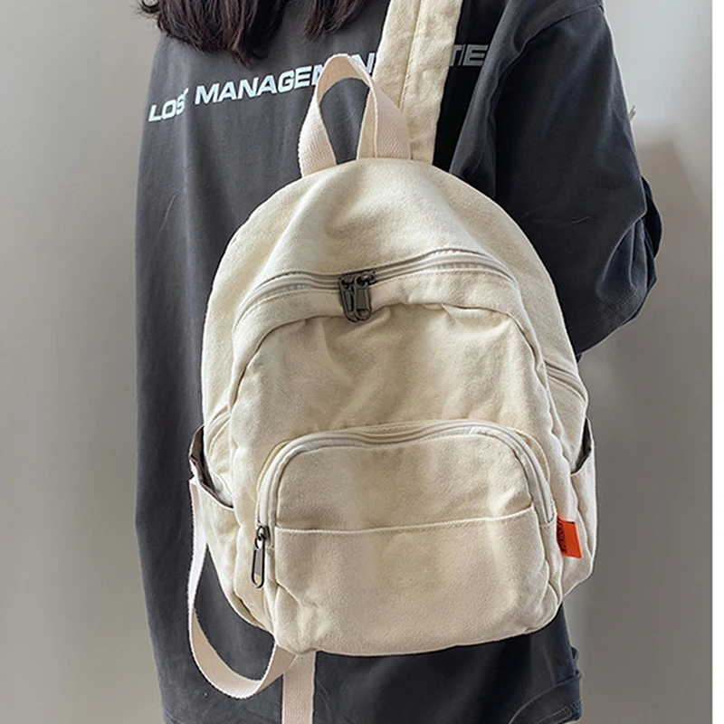 กระเป๋าผ้าแคนวาสสำหรับสตรีกระเป๋าเป้สะพายหลังขนาดเล็กวินเทจ tas ransel MINI ใส่ไปโรงเรียนสีพื้น