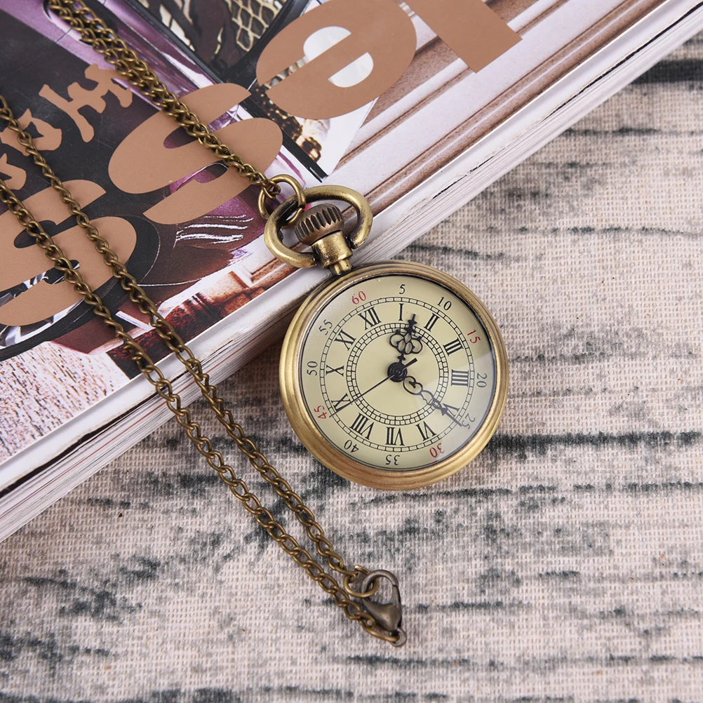 สไตล์วินเทจที่เรียบง่าย Steampunk Beige Dial ตัวเลขโรมันนาฬิกาพ็อกเก็ตขนาดเล็กสร้อยคอจี้