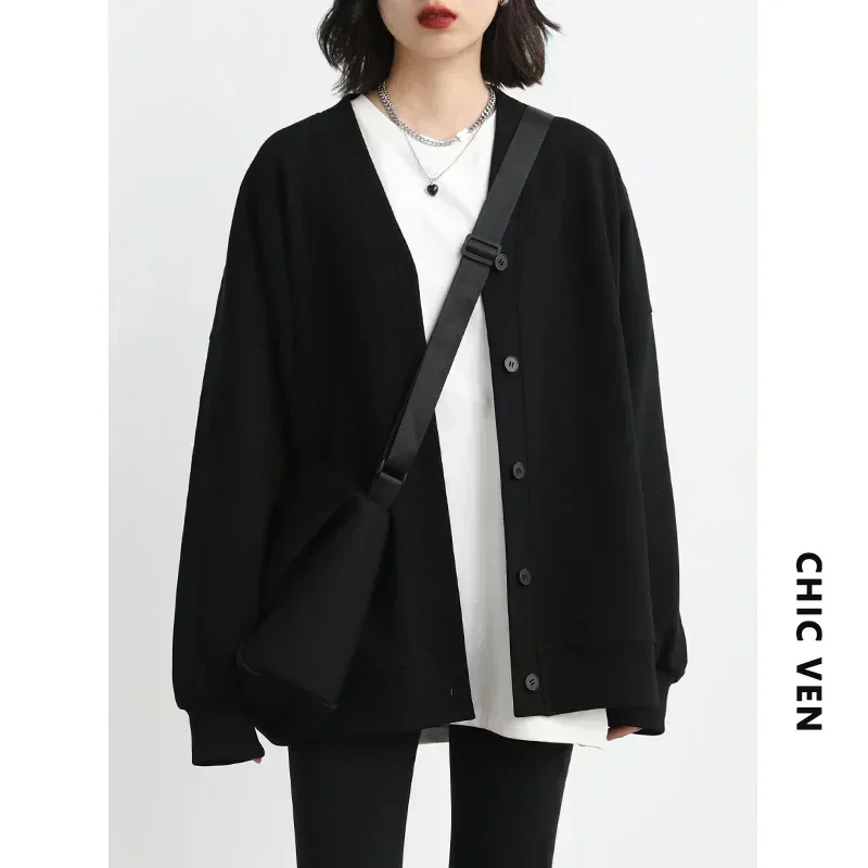 Chique ven coreano outono inverno casaco esportivo feminino casual solto com decote em v moletom para mulher grosso quente topos senhora do escritório feminino