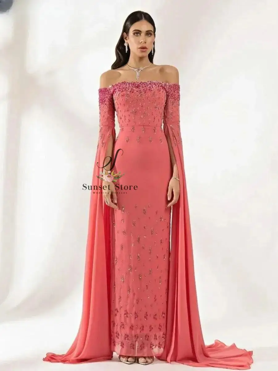 Элегантные вечерние платья Vestidos De Noche с вырезом «лодо» по индивидуальному заказу для женщин, роскошные вечерние платья с бисером и блестками, вечерние знаменитости с длинными рукавами для выпускного вечера