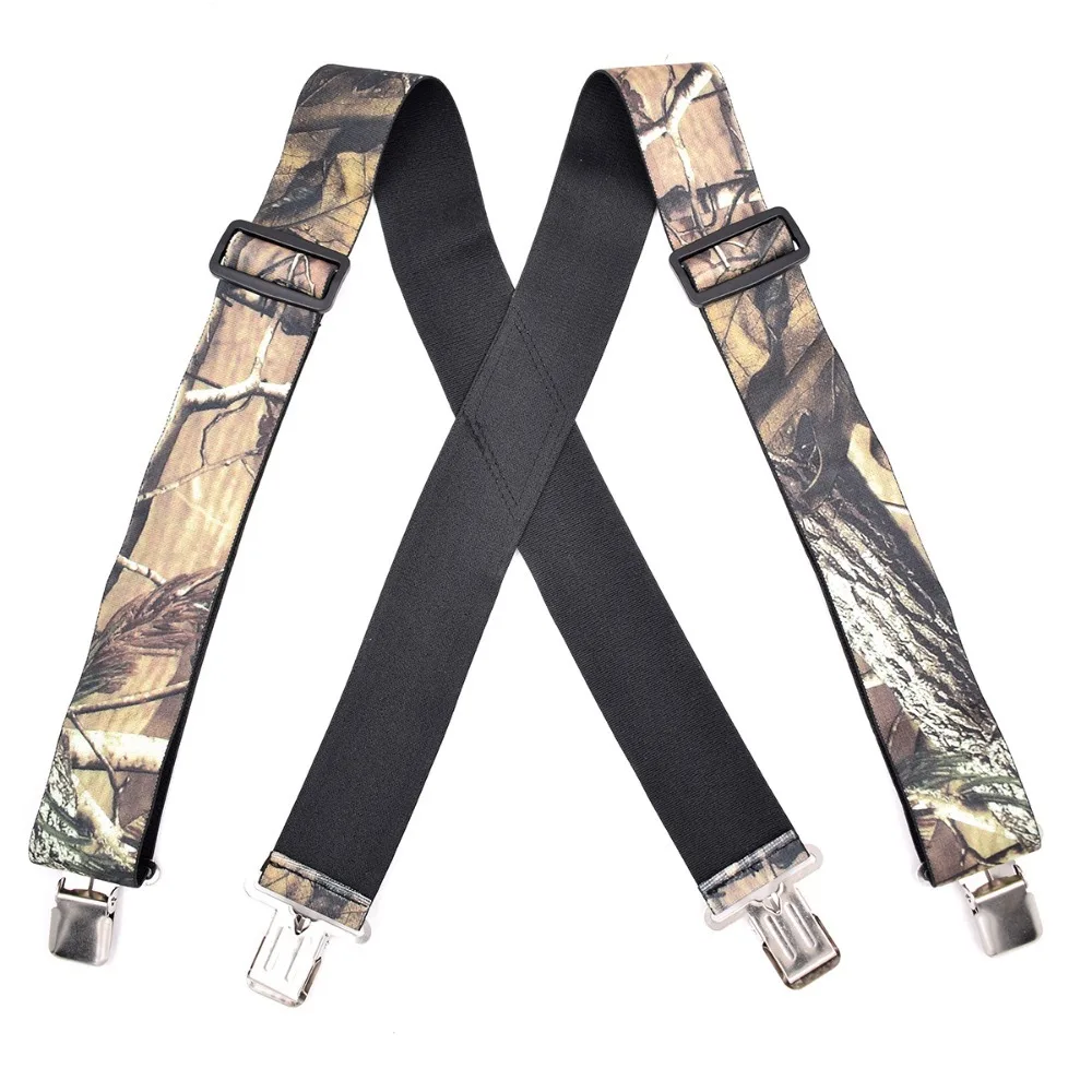 Heavy Duty Camouflage Suspenders for Men Work Outdoor Hunting 5cm/2inch X-back 4 Strong Clips Adjustable Elastic Trouser Braces