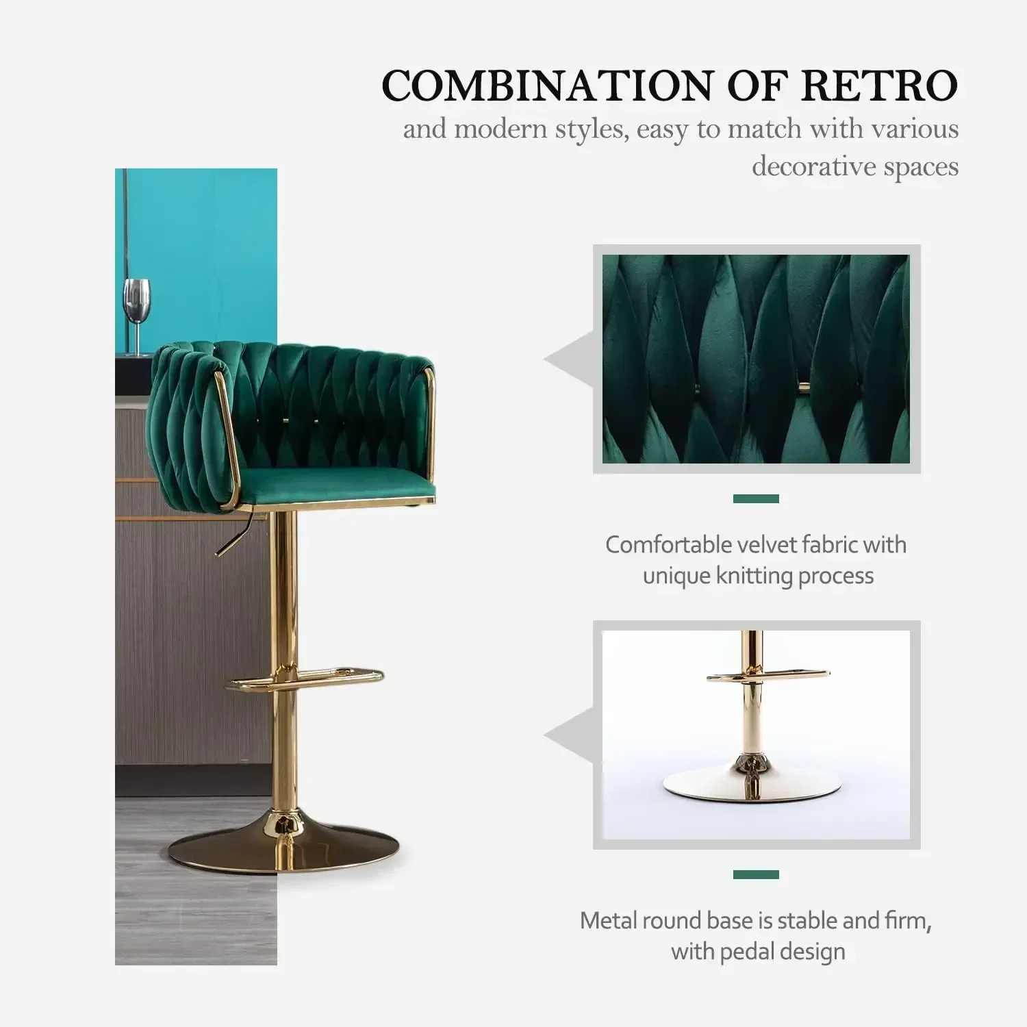 Kiztir 360° Velvet Swivel Bar Stools Set of 4, Adjustable Counter Height Bar Chairs with Woven Back & Footrest, Luxury Gold Bar