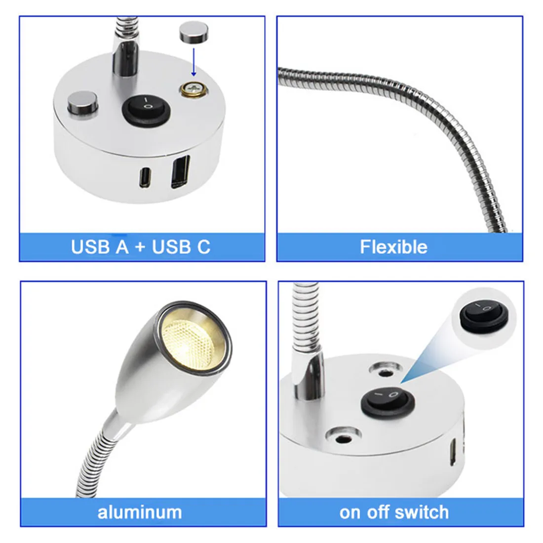 Gooseneck 12V RV Reading Light with USB Type C Quick Charger Flexible 24 Volt Light for Boat Camper Van Trailer Interior Lights