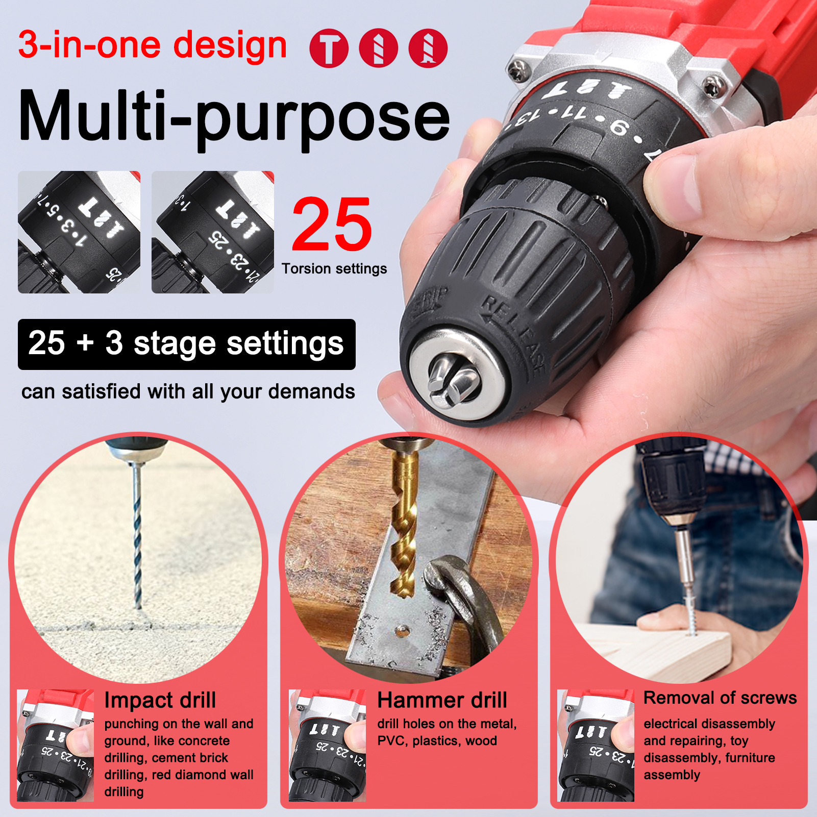 21V 전기 드릴 브러시 모터 2 속도 제어 무단 속도 조절 회전 방식 25 기어 토크 조정 가능한 리튬 드릴