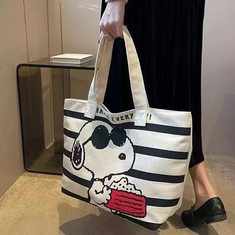 Disney Snoopy น่ารักการ์ตูนผ้าใบความจุขนาดใหญ่กระเป๋าสําหรับนักเรียนหญิงถือหนังสือ Tote กระเป๋าแม่