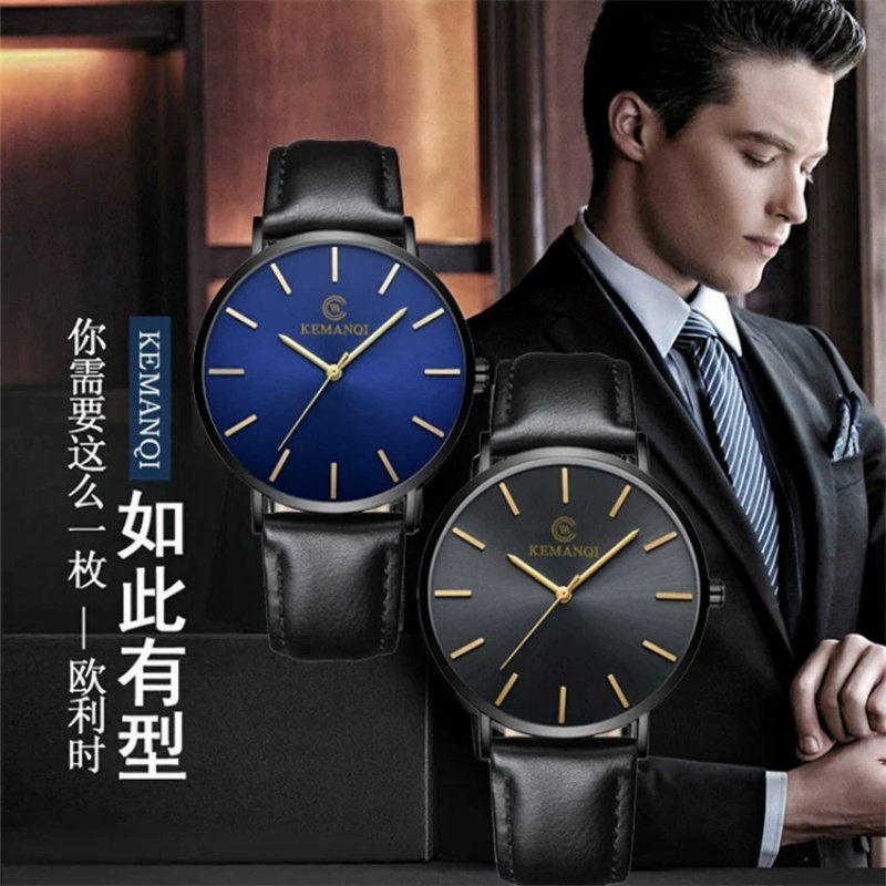 Ultra fino relógio de quartzo masculino kemanqi luxo relógio masculino negócios simples relógios de pulso de couro masculino erkek saat