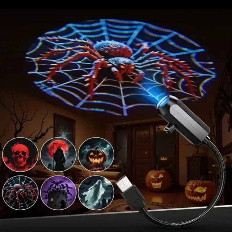 Projektor LED USB z 6 wzorami projekcji - Regulowane lampki nocne USB do dekoracji na Halloween