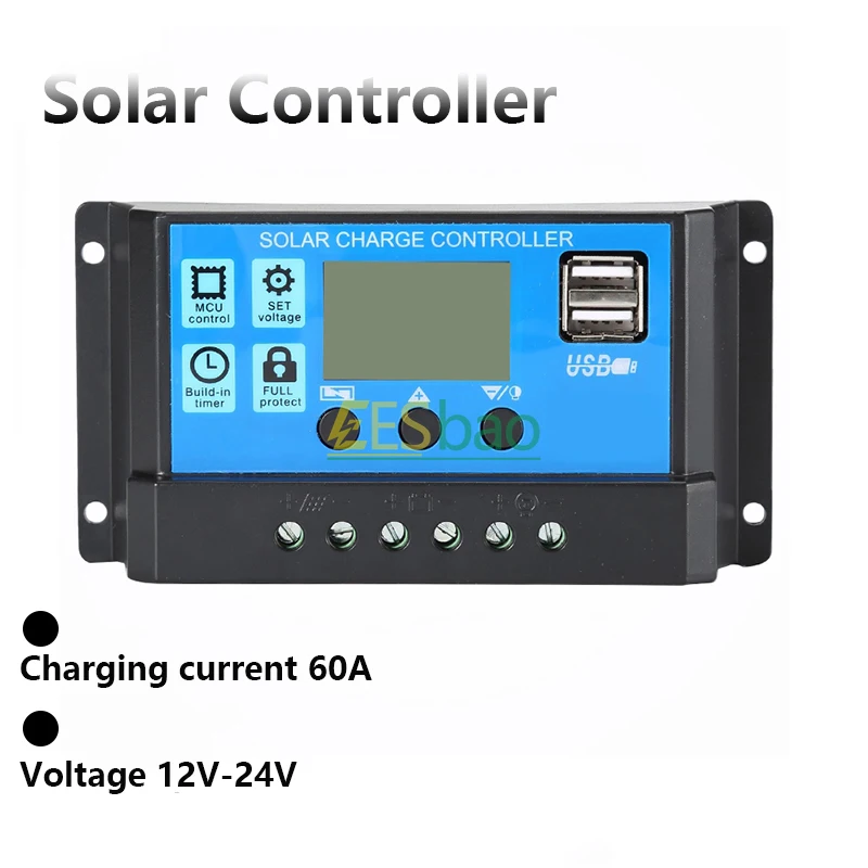 Solarladeregler 60A 12V/24V Spannungsregler Solarpanel Photovoltaik Zuhause mit PWM Solarladegerät LCD-Display Dual USB