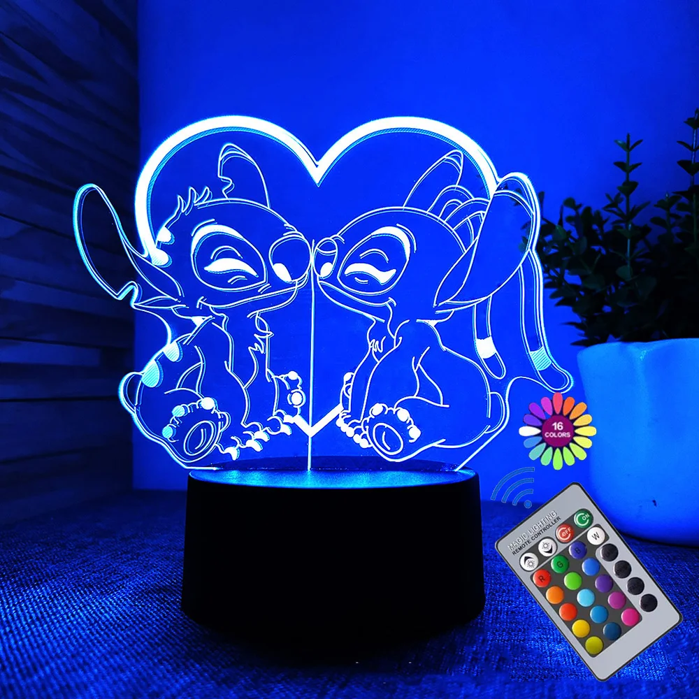 Stitch luz nocturna LED 3D con control remoto y sensor táctil inteligente, 16 colores usados para regalos de Navidad y cumpleaños