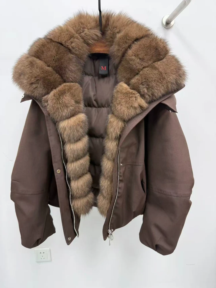 Oftbuy jaqueta de pele quente natural gola de pele de raposa à prova de vento feminino casual branco ganso para baixo casaco grosso outono inverno jaqueta de pele real