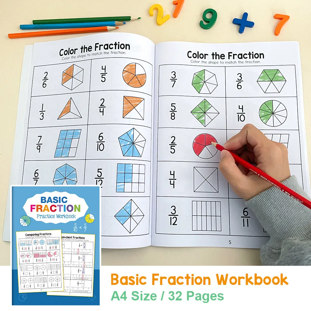 Libro de ejercicios de formación para aprender y practicar fracciones básicas, material didáctico para profesores, libro de prueba cognitiva de matemáticas para escuela primaria