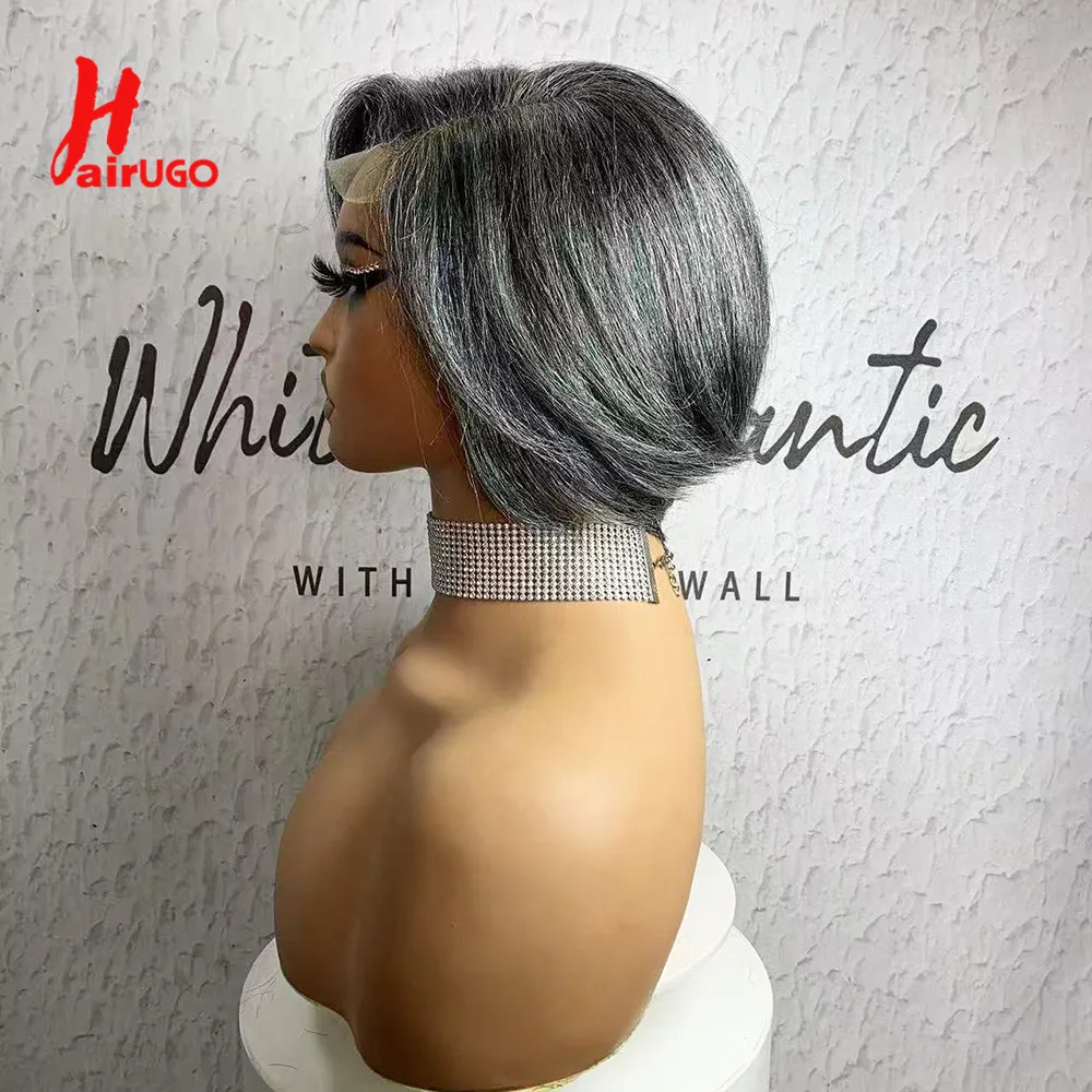 Pelucas de cabello humano con cierre de encaje 4x4 de Color gris para mujer, pelucas con cierre de encaje plateado mezclado, pelucas BOB cortas prearrancadas de 8 pulgadas HairUGo