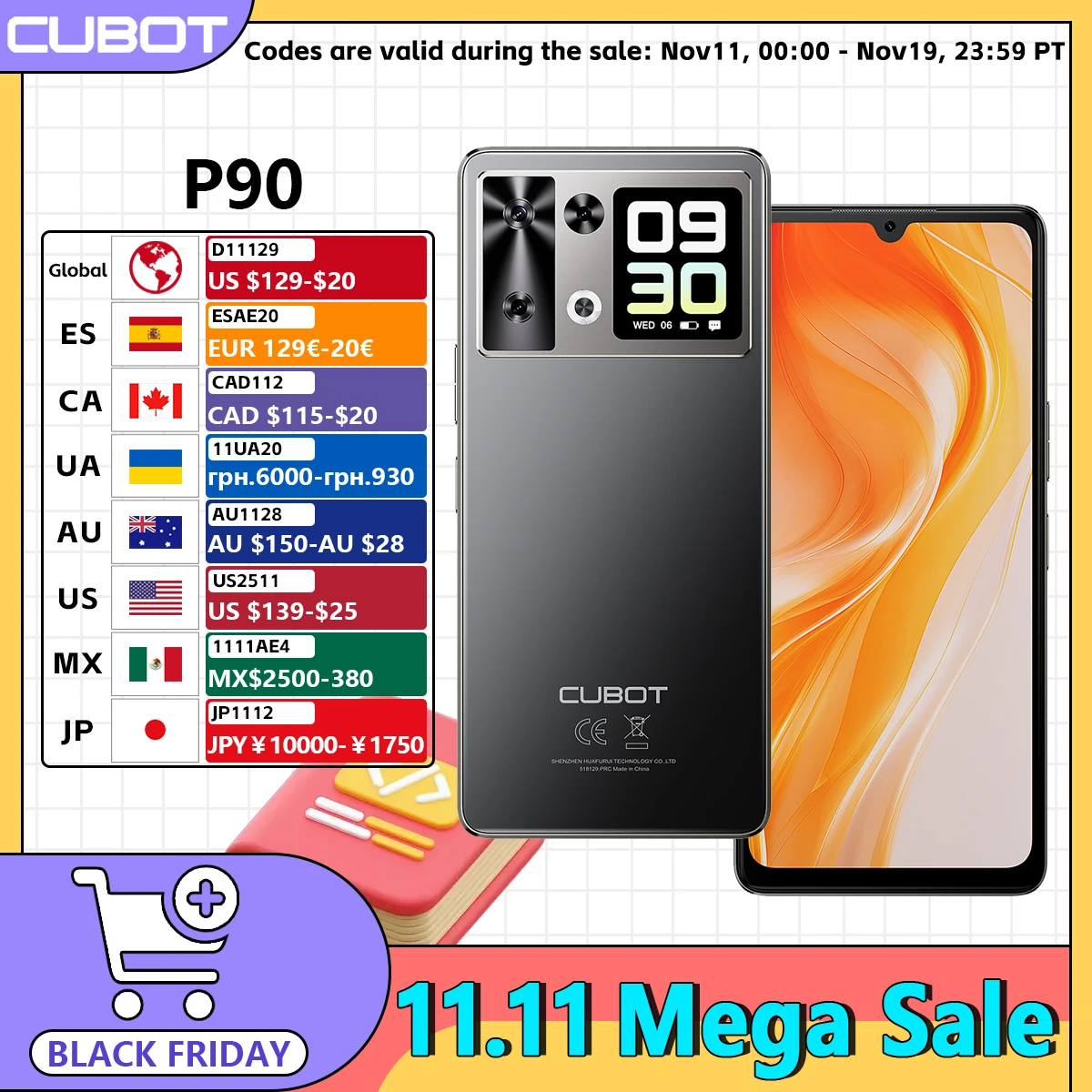 สมาร์ทโฟน Android 15 Cubot P90 หน้าจอ 6.88 นิ้ว 120Hz, RAM 24GB (ขยายได้ 12+12GB), ROM 256GB, โปรเซสเซอร์ G100 Octa-core 2.2GHz, กล้อง 64MP, แบตเตอรี่ 5100mAh, NFC, ลำโพงคู่, โทรศัพท์ 4G, smartphone android