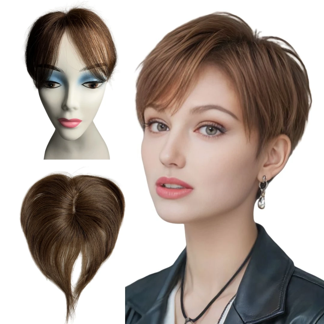 Topper de cabelo humano curto e reto, 6 polegadas, parte intermediária, pequeno e fino, franja para perda de cabelo suave para mulheres e homens