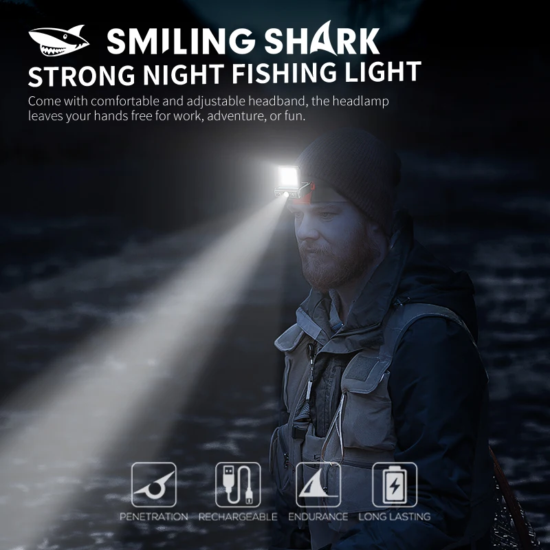 Smiling Shark TD0148 Faro con sensor de movimiento, faro LED recargable, antorcha para sombrero con clip, para senderismo, trabajo nocturno