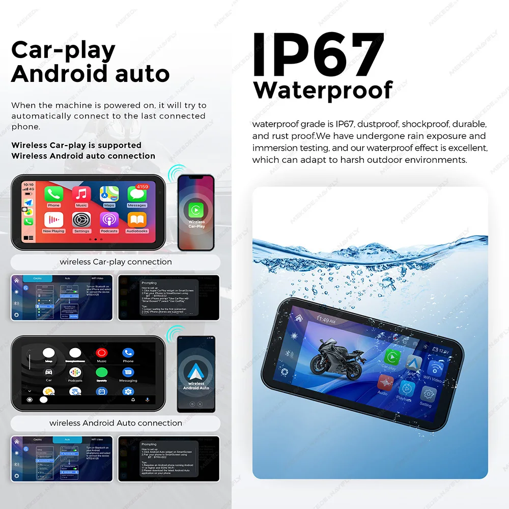 MEKEDE 6,25 Zoll Motorrad Tragbare Navigation GPS Drahtlose CarPlay Android Auto IP67 Wasserdichte Motorrad Touch Screen Display