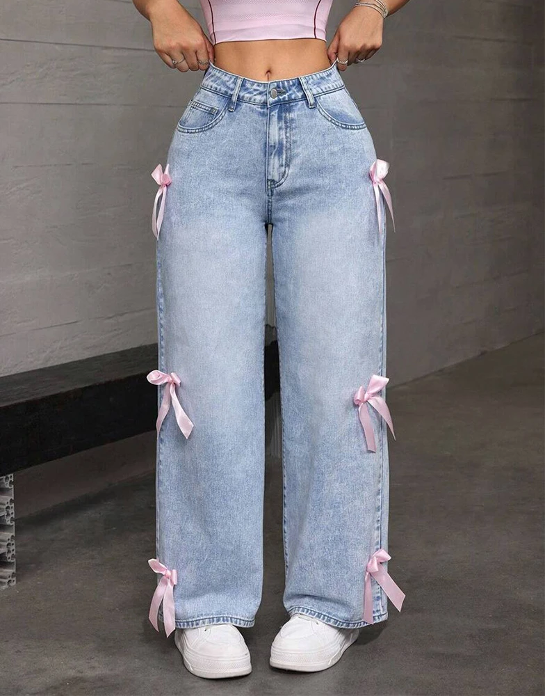 Damen-Jeans, weites Bein, Schleife, gewaschen, hohe Taille, 2025, Streetwear, Denims, Distressed, Vintage, gerade, knöchellange Hose
