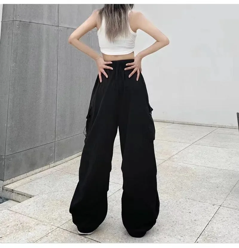 Amerikaanse retro tooling broek vrouwelijke gedrapeerde rechte balkvoetbroek zomer joker losse broek met wijde pijpen