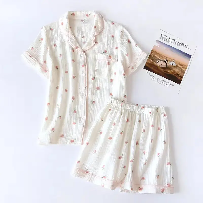 Ensemble pyjama Short à manches courtes pour femme, tissu crêpe 100% coton, fin, Service à domicile, deux pièces, ample, printemps et automne, été 2025