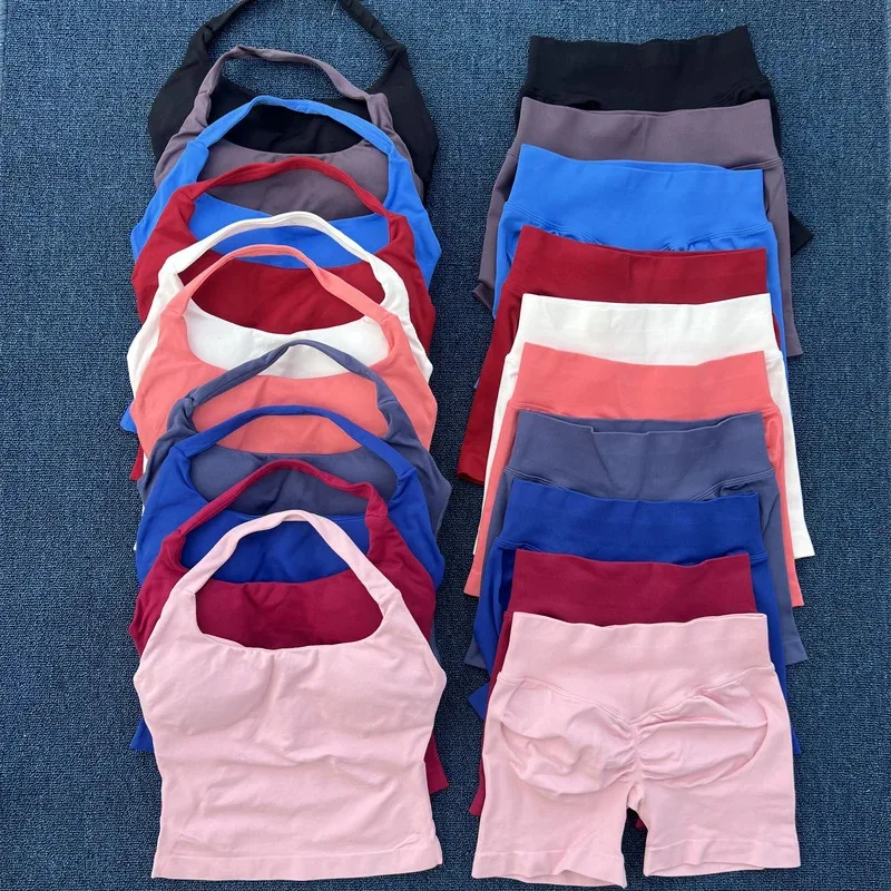 2 stks Vrouwen Gym Set Halter Tops Hoge Taille Scrunch Naadloze Shorts Fitness Kleding Activewear Workout Set Outfits Gympak