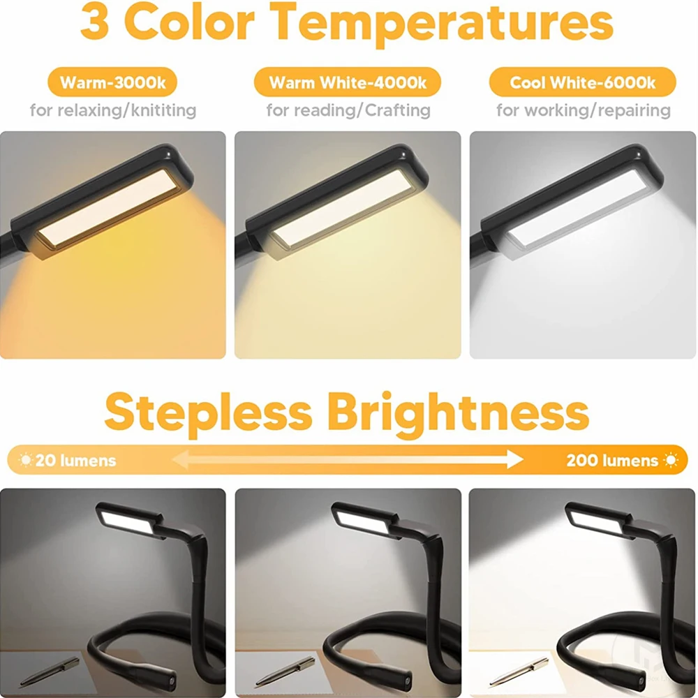 Luz de lectura de cuello recargable por Usb para cama, luz Led Flexible para libros, amigable con los ojos, lámpara de lectura nocturna, 2000mAh