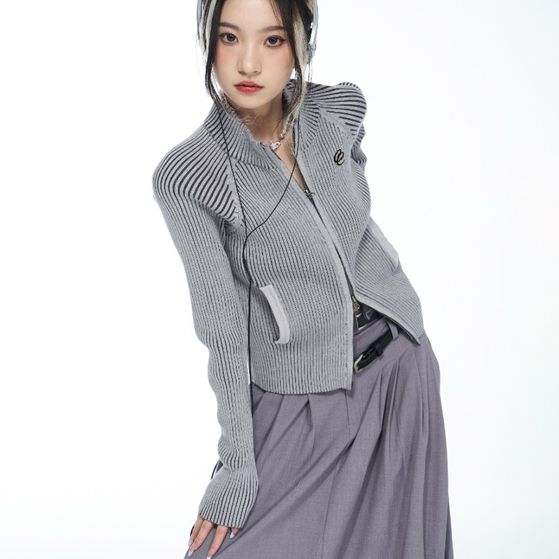 Karrcat-suéter de punto con bordado Grunge para mujer, chaquetas de estilo americano con cremallera, estética Y2k, Rebeca acanalada Vintage