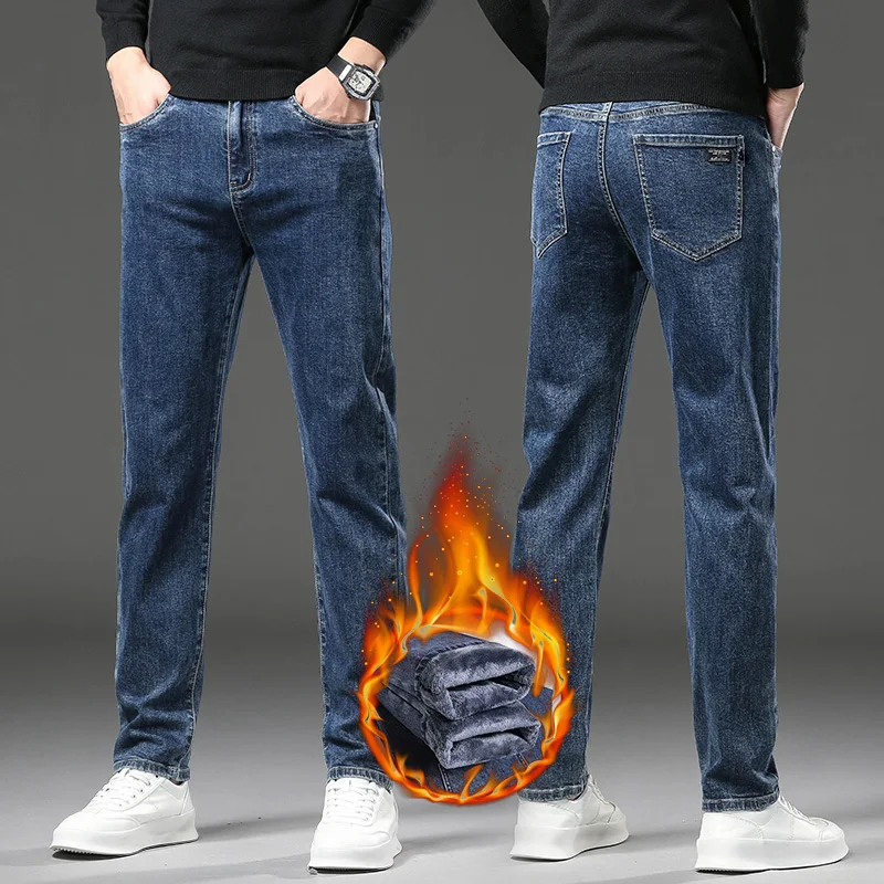 Pantalones vaqueros gruesos y cálidos de lana de invierno para hombre, pantalones vaqueros elásticos rectos ajustados, ropa informal para hombre, pantalones de felpa a la moda