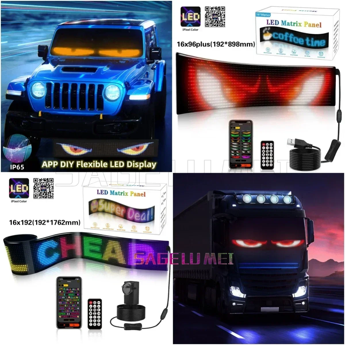 Panel de píxeles de matriz LED para coche multilingüe, publicidad con desplazamiento, Control inteligente por aplicación de dientes azules para coche, camión, luz de señales de ojo de diablo