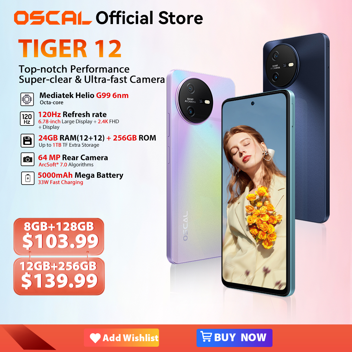 [Estreno mundial] OSCAL TIGER 12 Smartphone Android13 Helio G99 6,78 ''120Hz 2,4K pantalla teléfono celular 24GB 256GB 64MP teléfono móvil