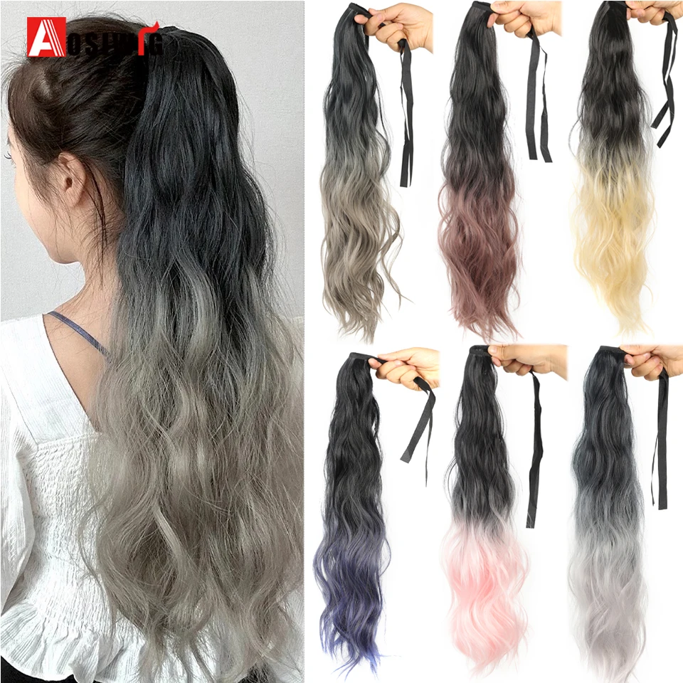 24Inch Synthetic Long Curly Ponytail Strap Clip in Hair Extension Black Gradient Blue Grey Heat Reistan Ponytail Hairpiece For W