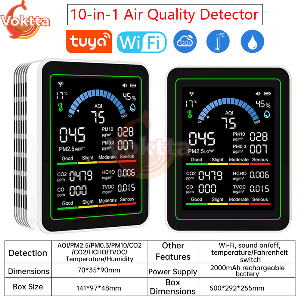 Tuya WiFi 10-в-1 Детектор качества воздуха Монитор CO2 PM0.3 PM1.0 PM2.5 PM10 Детектор формальдегида Измеритель температуры и влажности