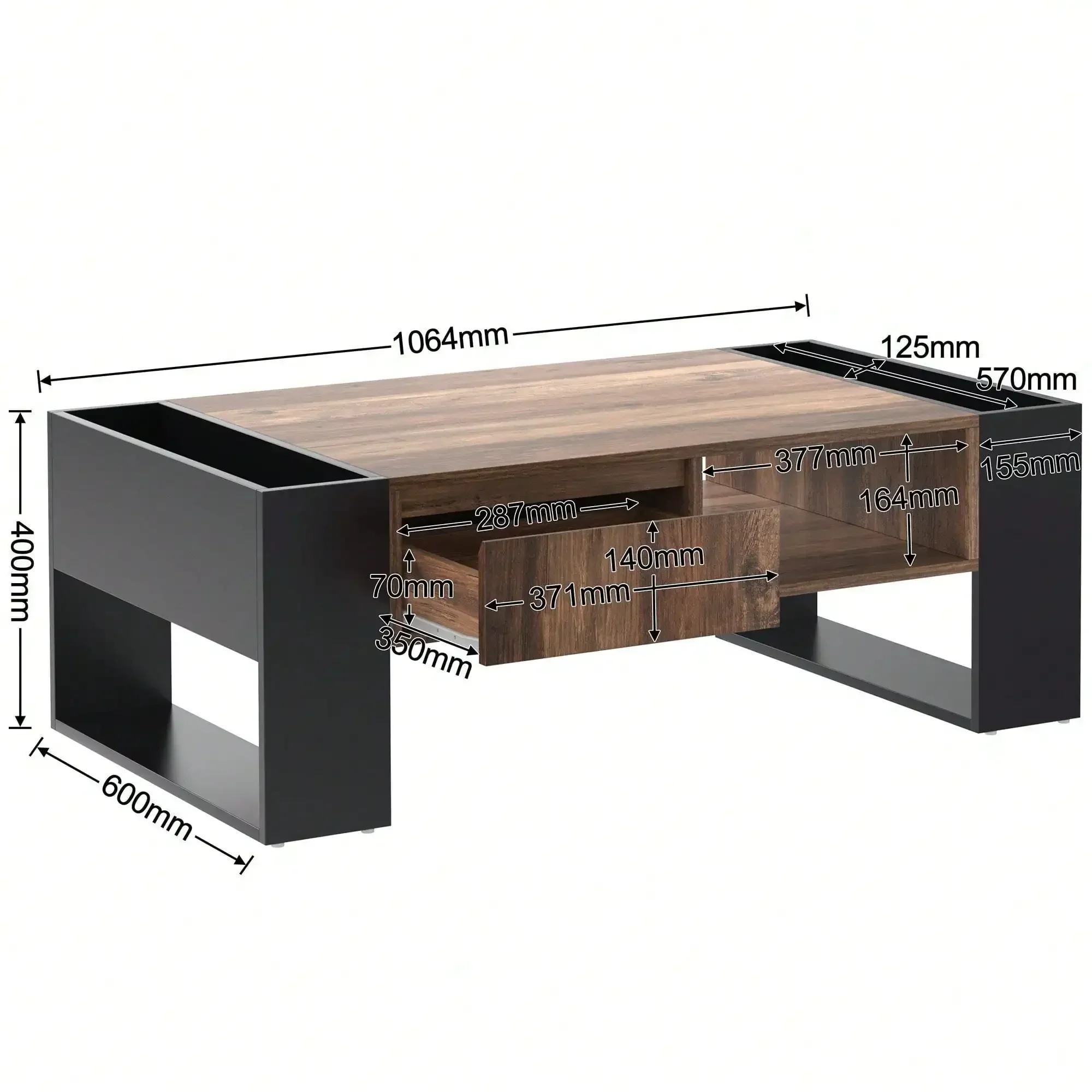 Mesa de centro de grão de madeira KOMHTOM, mesa lateral com prateleira dupla face, mesa de sala de estar com gavetas, espaço de armazenamento para quarto