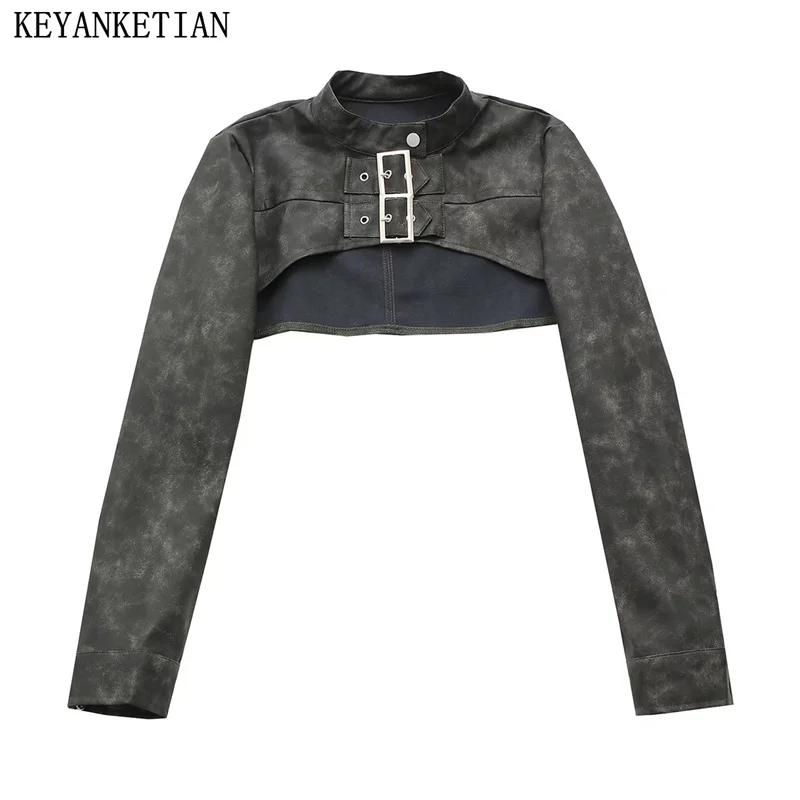 Осенняя Новинка, Женская ультракороткая куртка KEYANKETIAN из искусственной кожи, уличный стильный приталенный укороченный топ на молнии с круглым вырезом и длинным рукавом