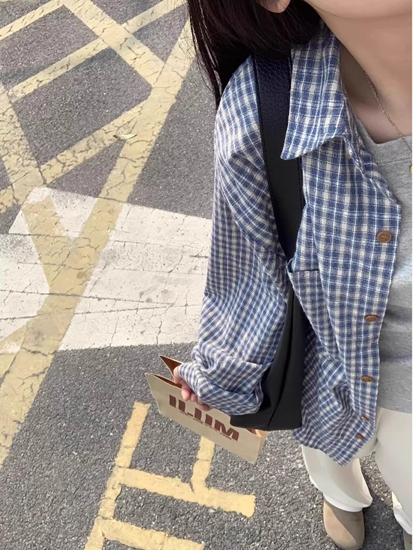 Csa Jaqueta de Manga Longa em Xadrez Azul 2025 para Mulheres, Solta e Leve, Blusa de Proteção Solar Estilo Francês com Gol...