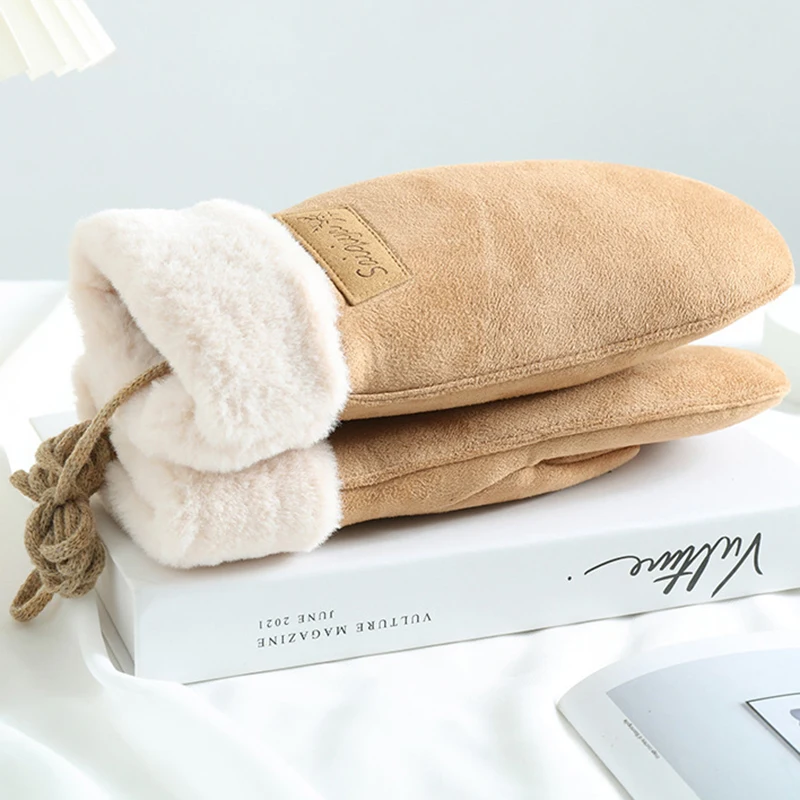 ผู้หญิงฤดูหนาวอุ่นหนาขนแกะ Suede Halter ถุงมือน่ารักน่ารัก Sweety เย็นป้องกัน Mittens